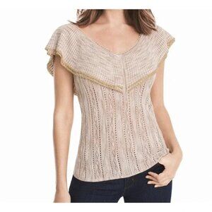 White House Black Market Pointelle Ruffle V Neck Lurex Sleeveless Top